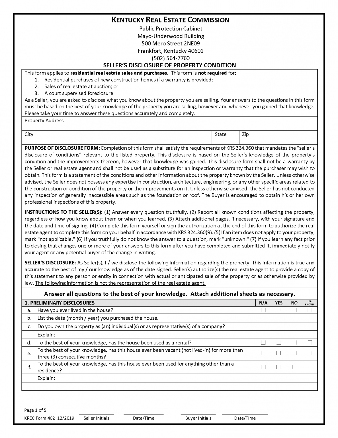 Free Kentucky Residential Purchase Agreement Template PDF Word eForms