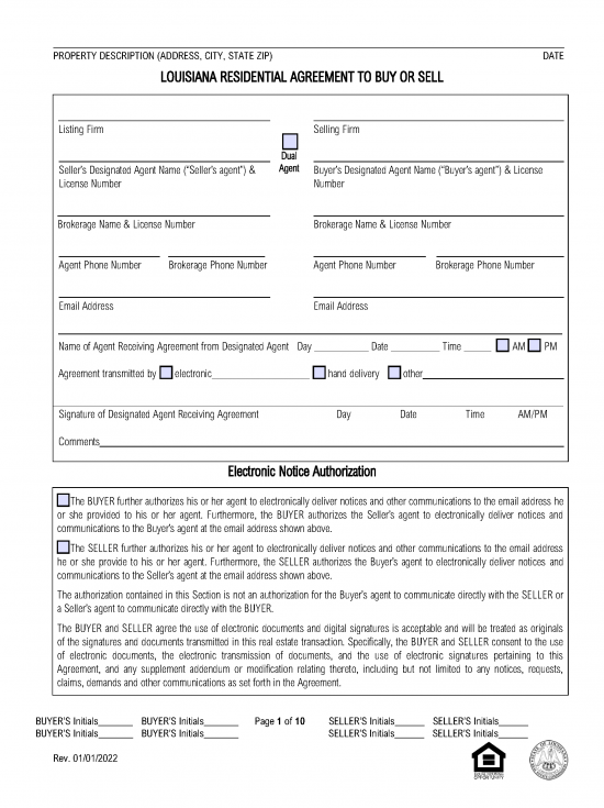 Free Louisiana Residential Purchase and Sale Agreement PDF Word
