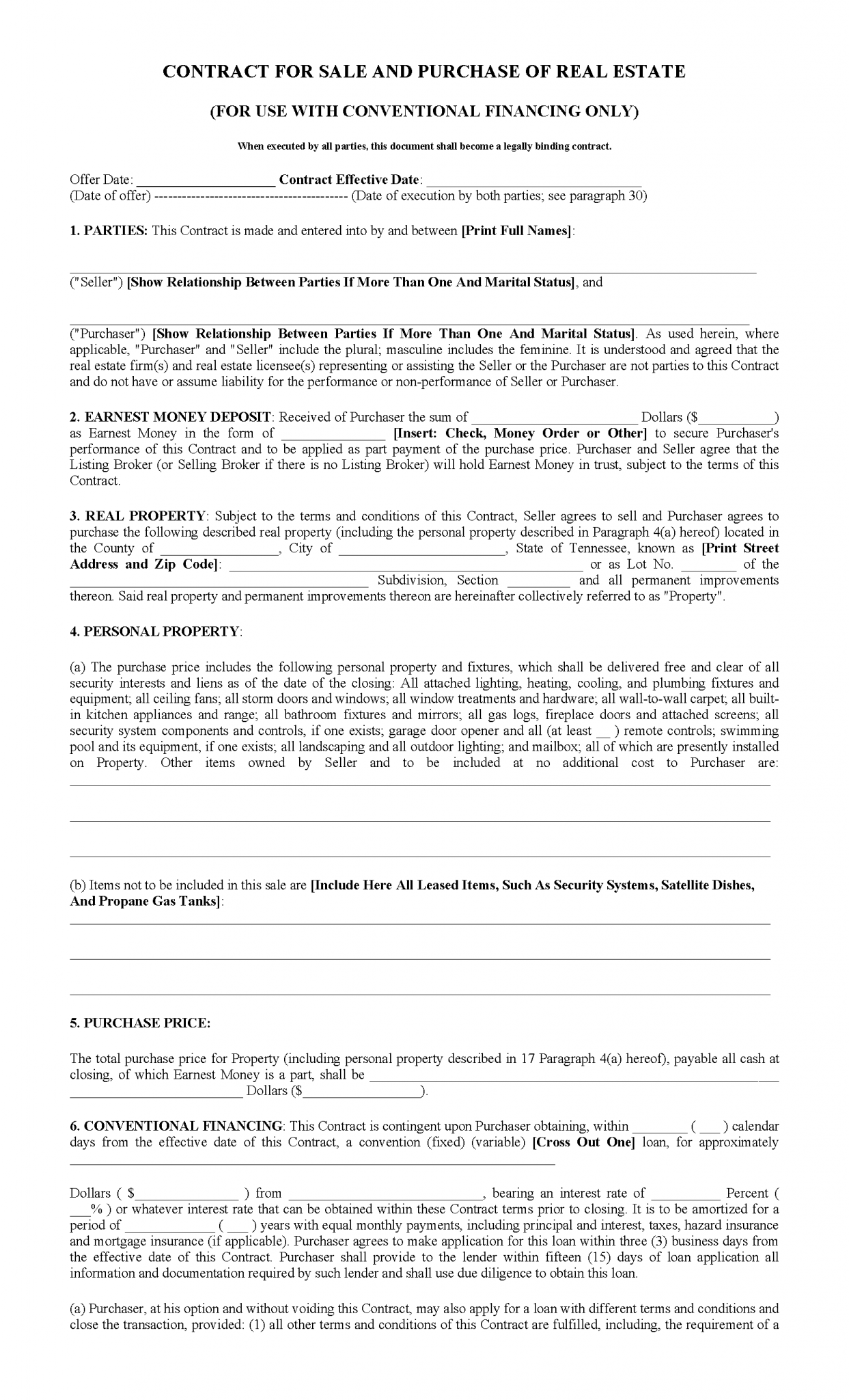 Free Tennessee Residential Purchase and Sale Agreement PDF Word