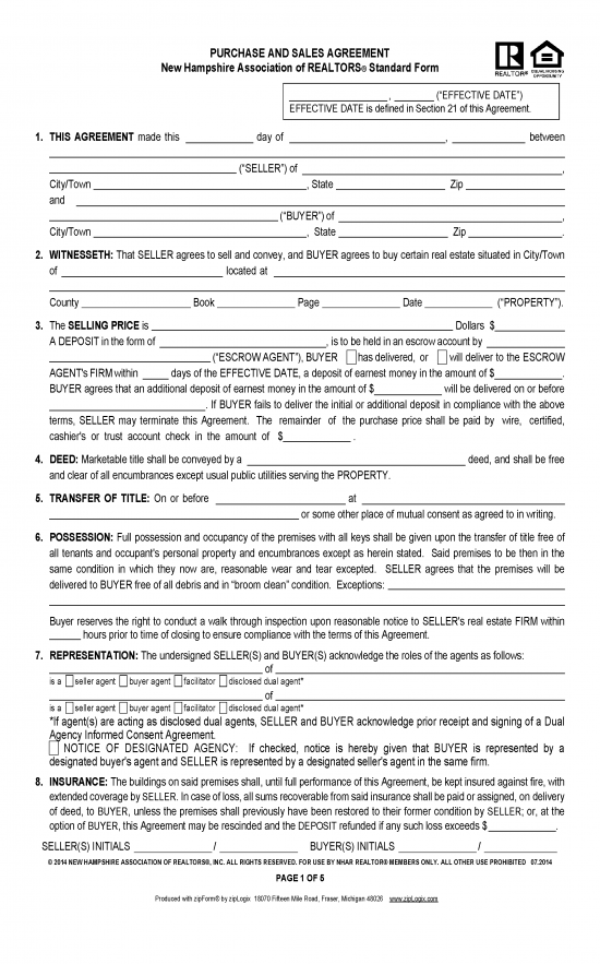 Free New Hampshire Residential Real Estate Purchase and Sale Agreement ...