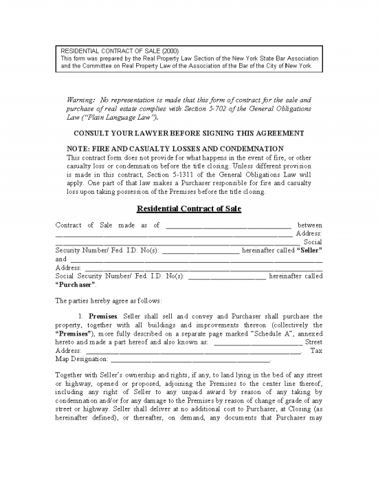 Free New York Residential Real Estate Purchase And Sale Agreement - PDF ...