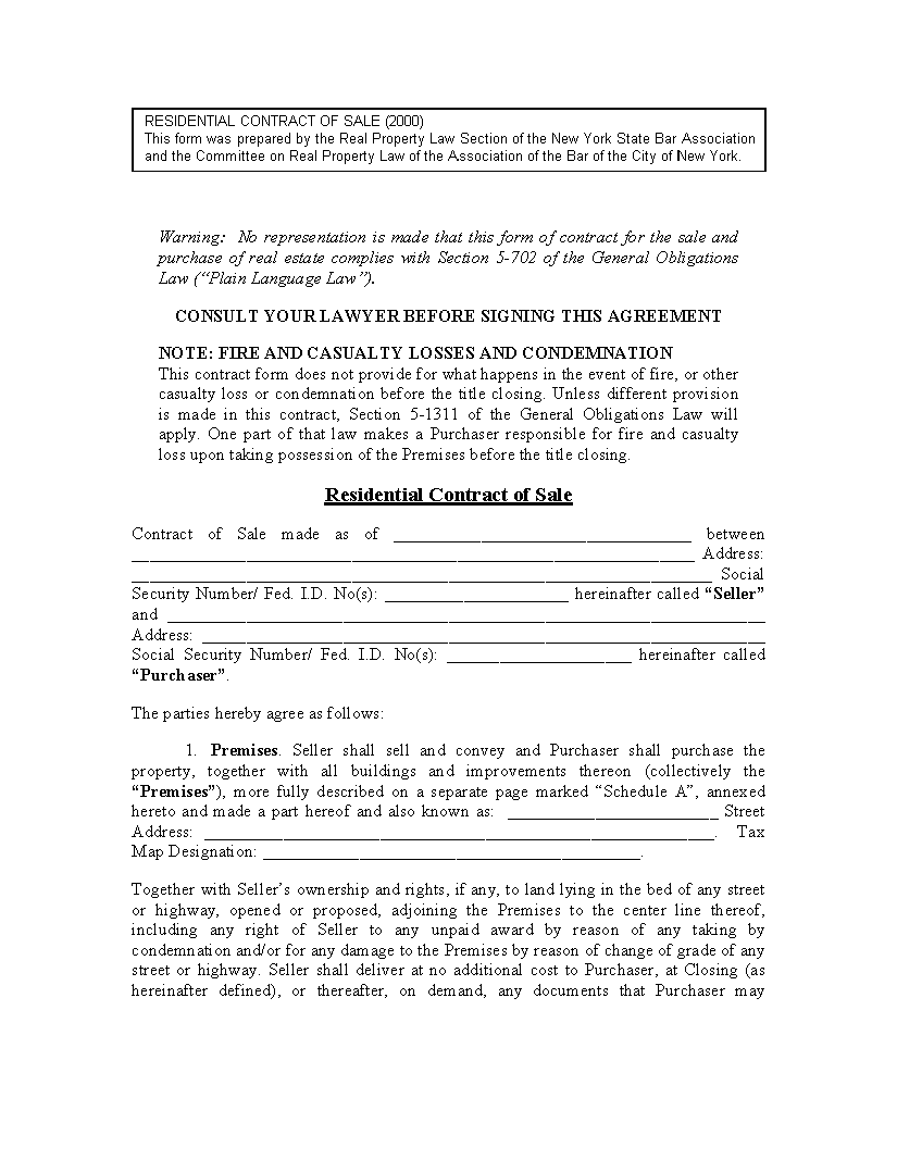 Free New York Residential Real Estate Purchase and Sale Agreement PDF