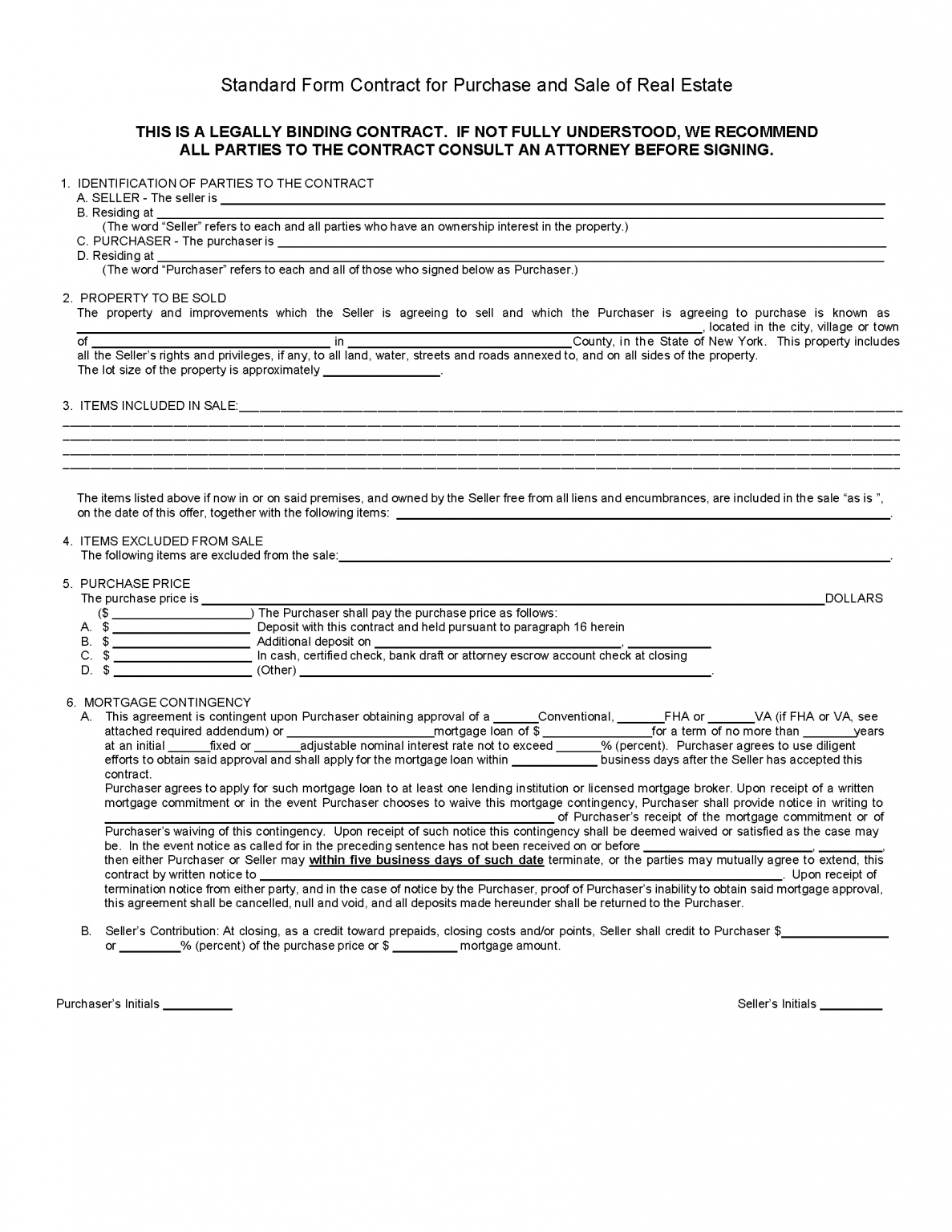 Free New York Residential Real Estate Purchase and Sale Agreement - PDF ...