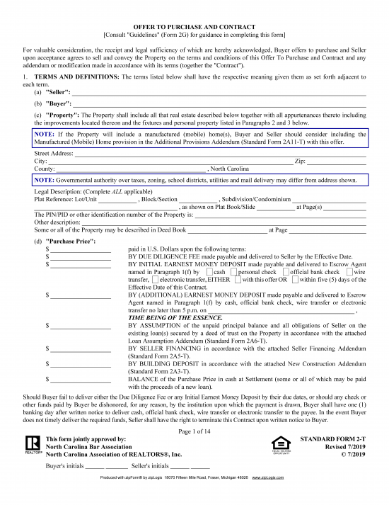 Free North Carolina Residential Real Estate Purchase And Sale Agreement 