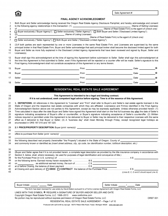 Free Oregon Residential Purchase and Sale Agreement PDF Word eForms