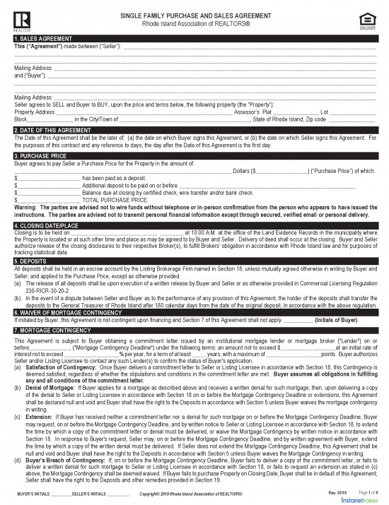 Free Rhode Island Residential Purchase and Sale Agreement PDF Word
