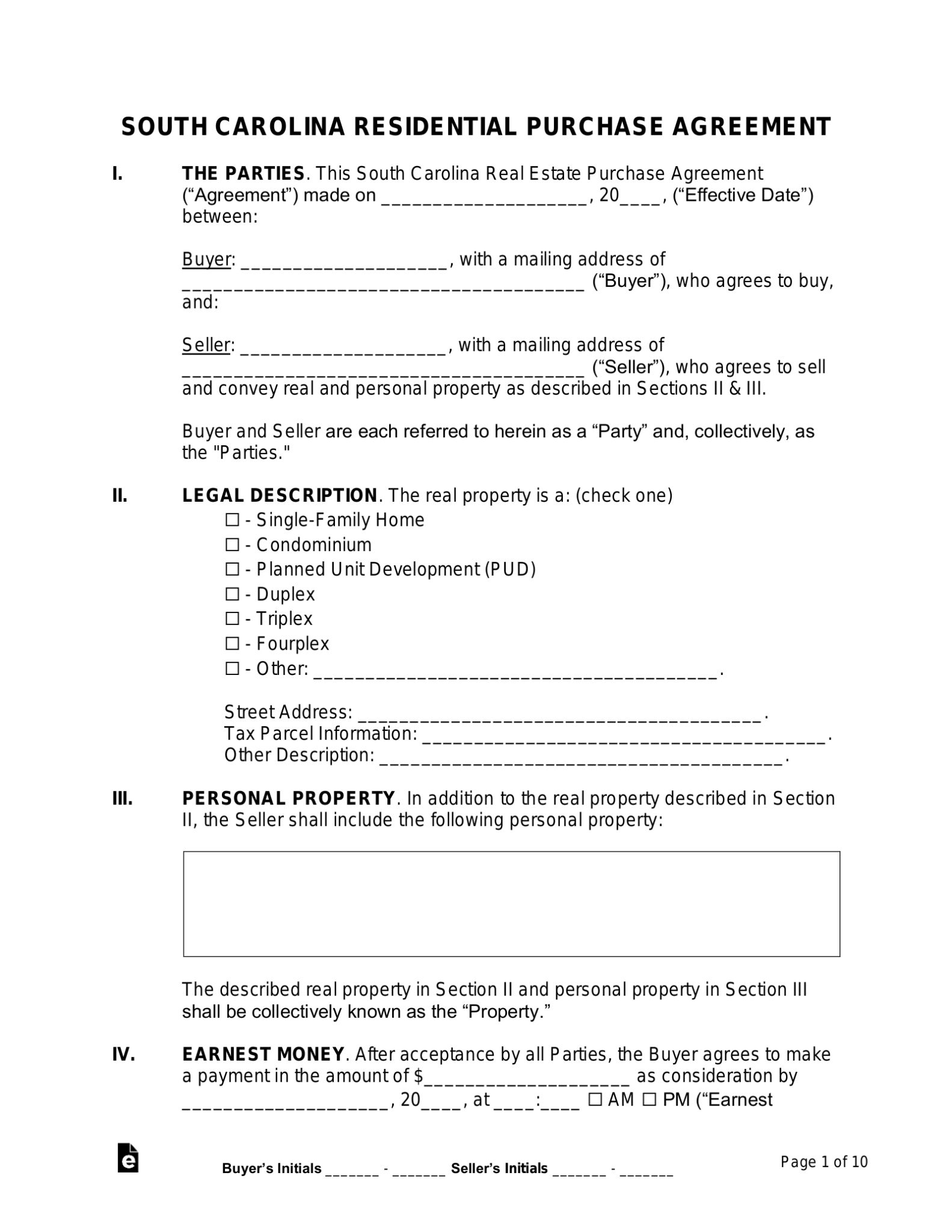 Free South Carolina Residential Purchase Agreement - PDF | Word – eForms