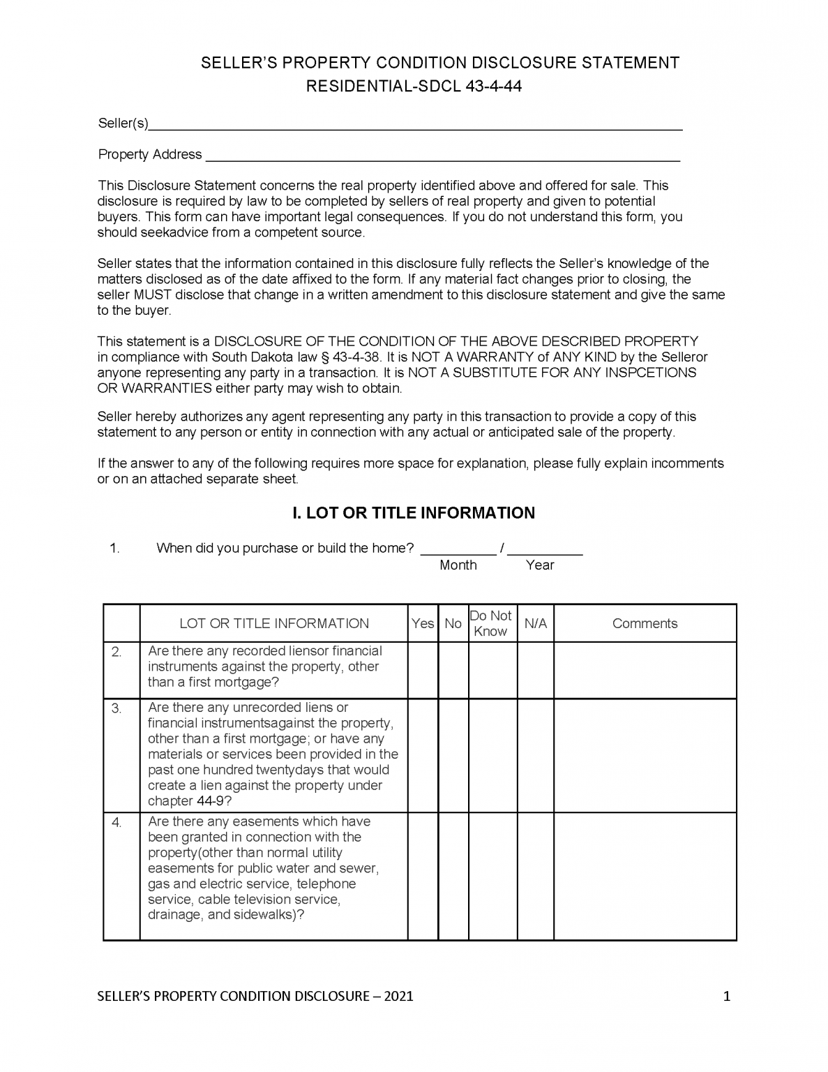 Free South Dakota Residential Purchase Agreement Template PDF Word