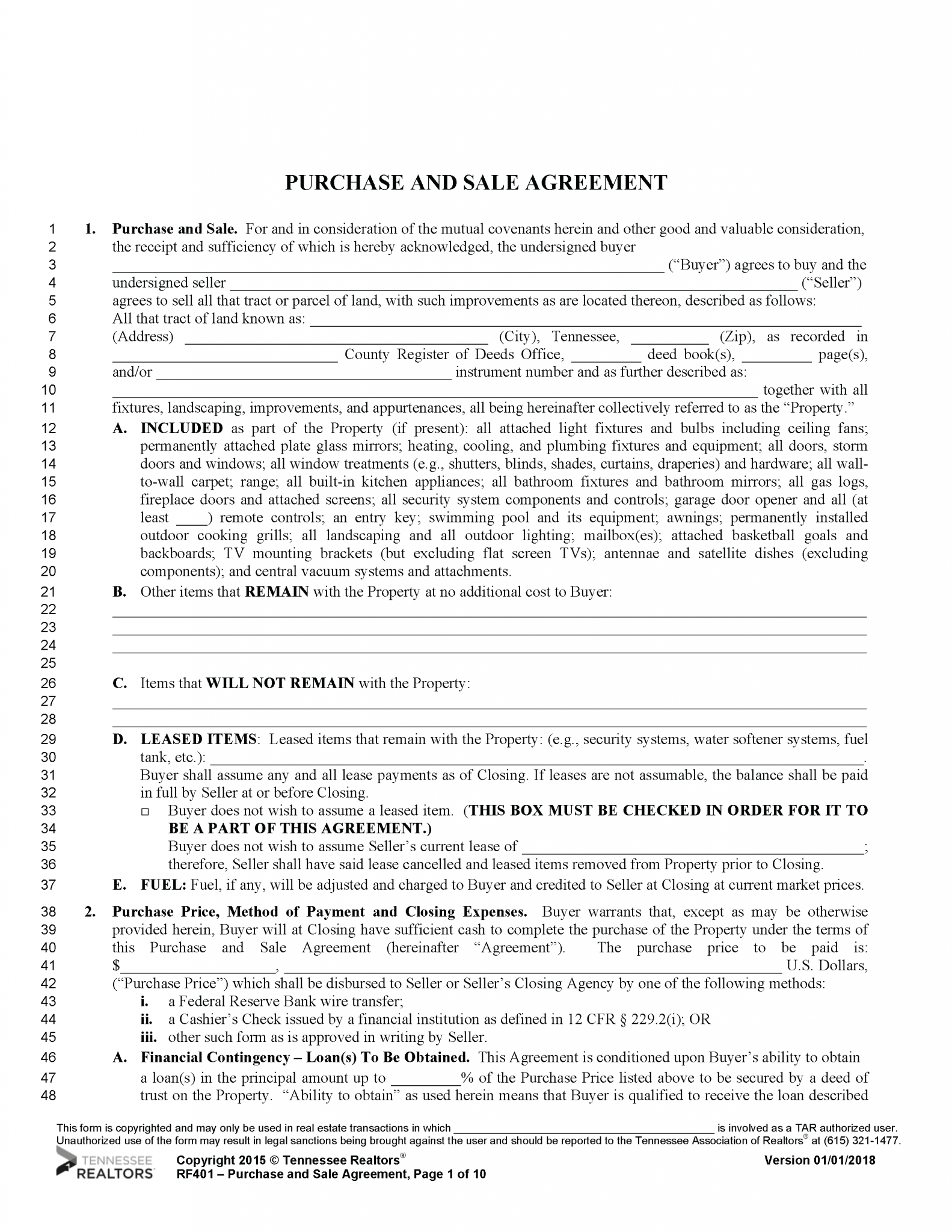 Free Tennessee Residential Purchase And Sale Agreement PDF Word   Tennessee Assoc Of Realtors Purchase Agreement 1583x2048 