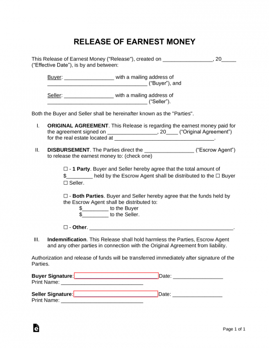 Free Release of Earnest Money Form PDF Word eForms
