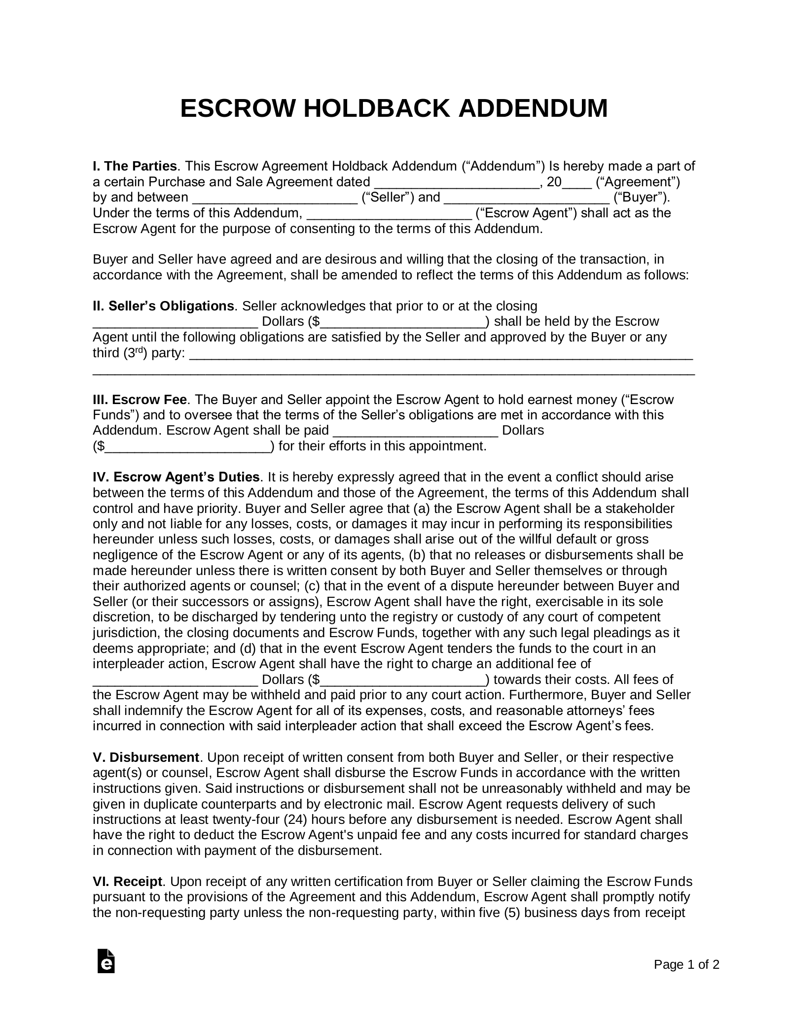 Free Escrow Holdback Agreement Addendum PDF Word EForms Free Escrow Holdback Agreement Addendum PDF Word EForms