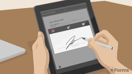 owner signing property disclosure form on tablet