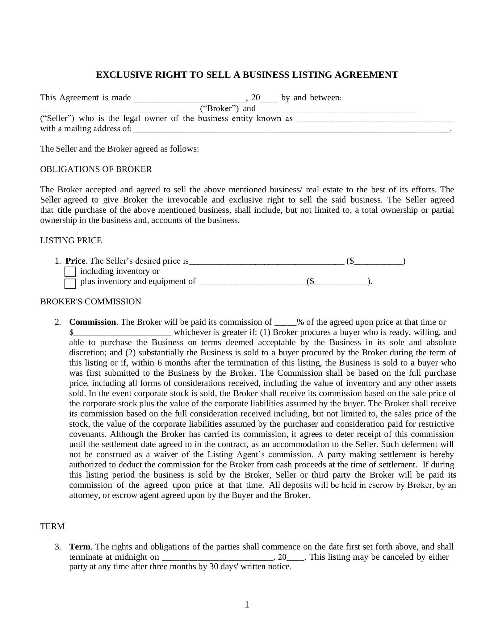 Business Listing Agreement Template