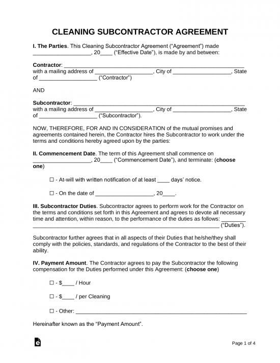 Free Cleaning Subcontractor Agreement Template PDF Word eForms