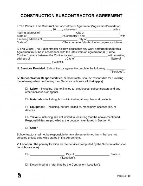 Construction Subcontractor Agreement