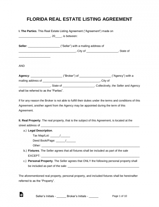 Florida Real Estate Agent Listing Agreement