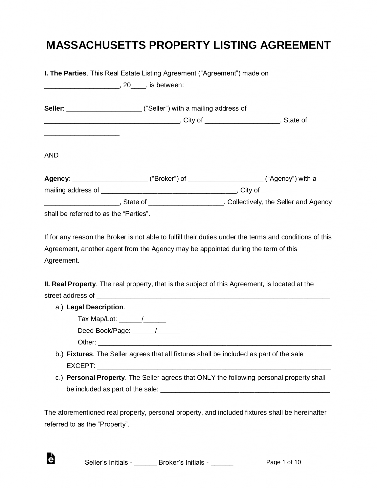 Free Massachusetts Real Estate Agent Listing Agreement PDF Word