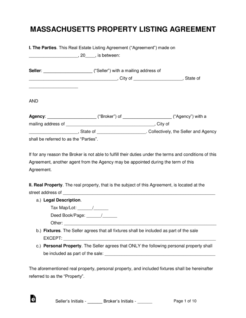 Free Massachusetts Real Estate Agent Listing Agreement PDF Word