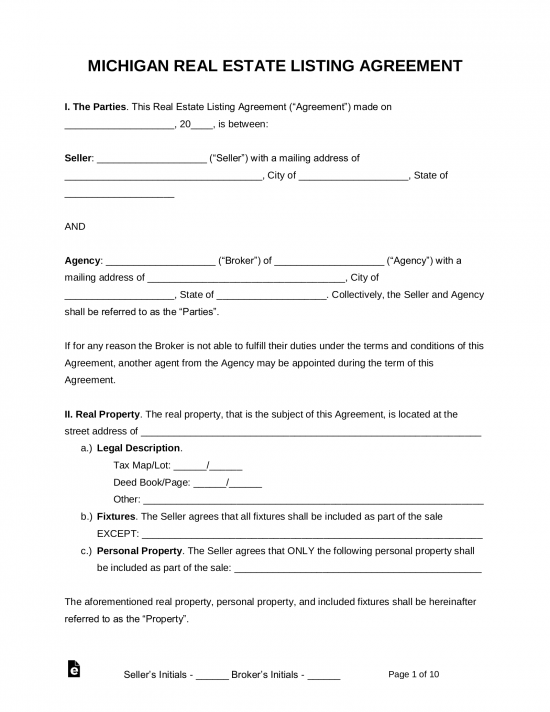 Michigan Real Estate Agent Listing Agreement