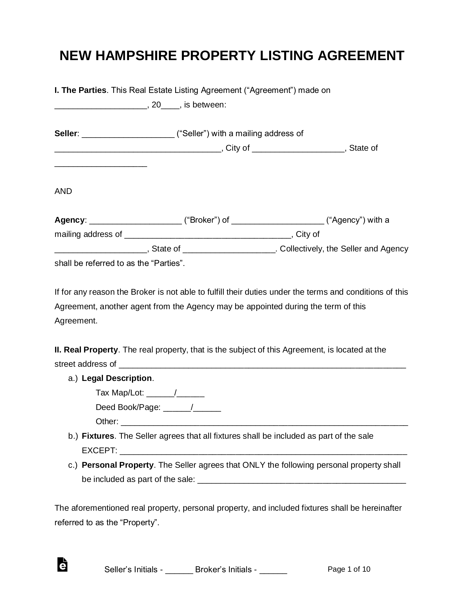 Free New Hampshire Real Estate Listing Agreement PDF Word EForms