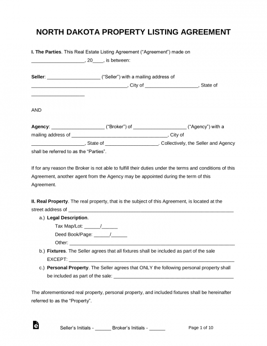 North Dakota Real Estate Agent Listing Agreement