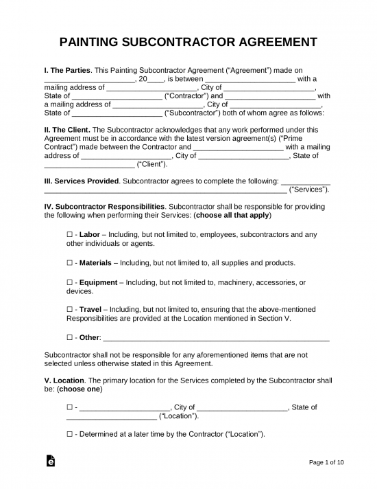 Free Painting Subcontractor Agreement - PDF | Word – eForms