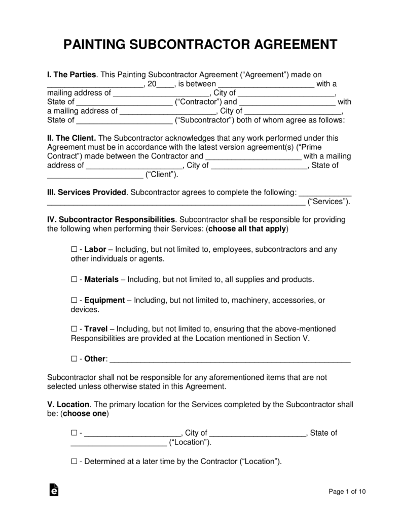 Free Painting Subcontractor Agreement PDF Word eForms