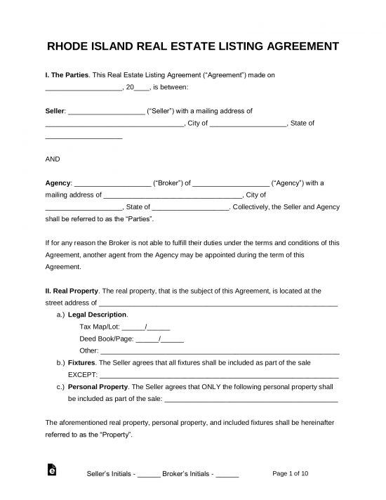 Free Rhode Island Real Estate Agent Listing Agreement PDF Word EForms