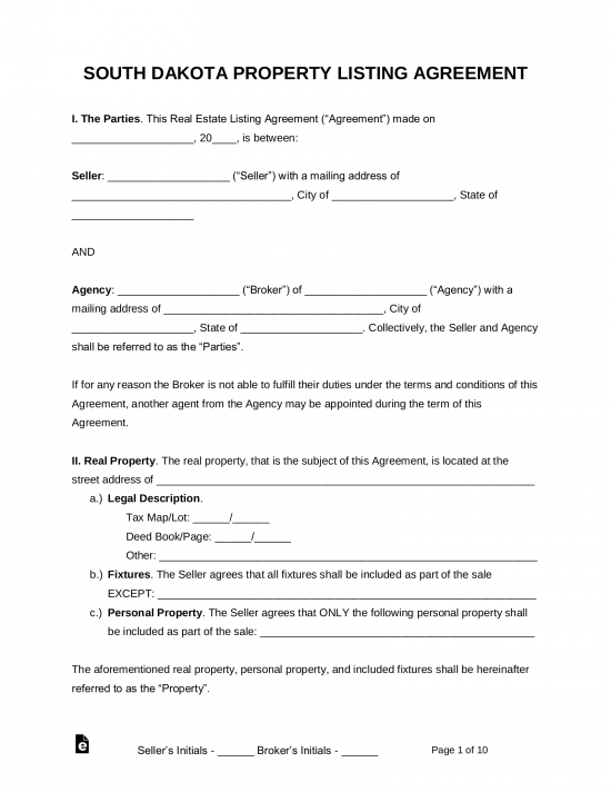 Free South Dakota Real Estate Agent Listing Agreement PDF Word eForms