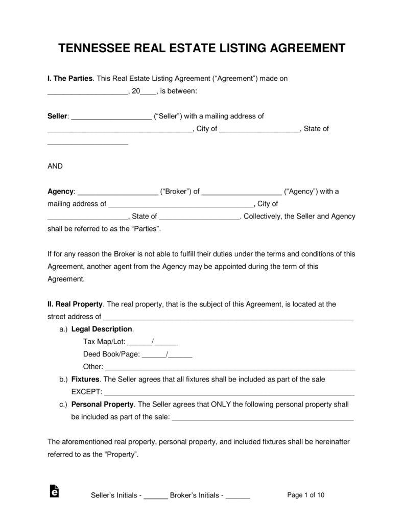 Free Tennessee Real Estate Agent Listing Agreement PDF