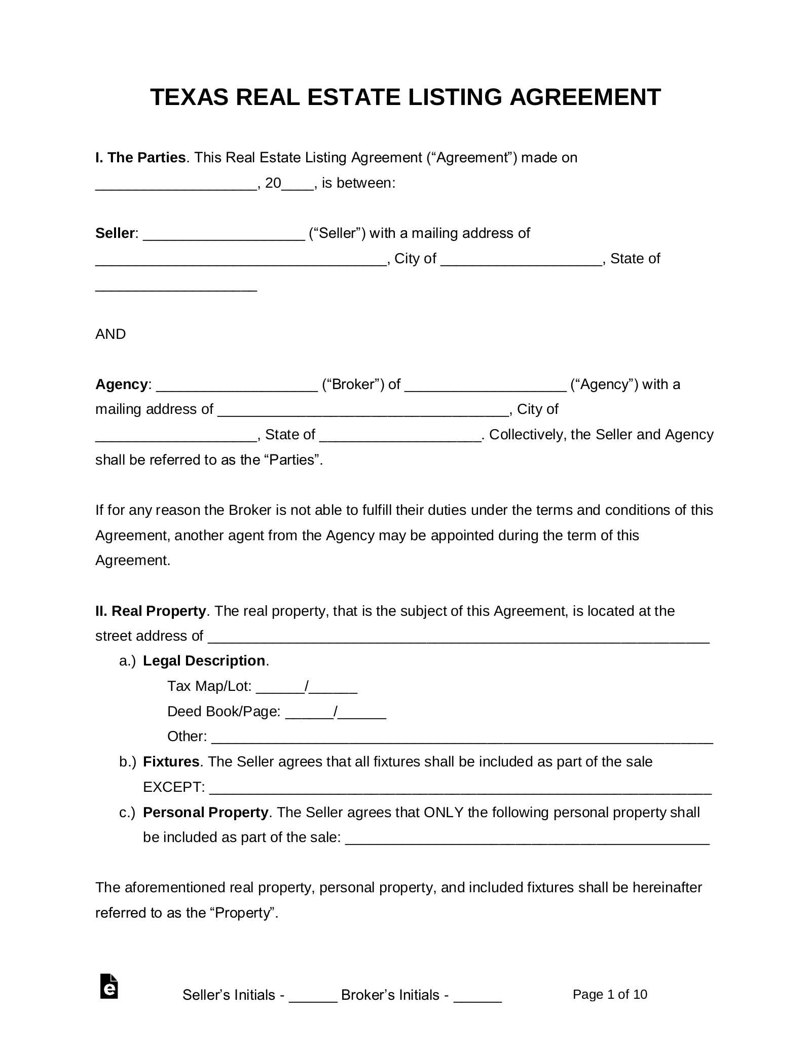 Free Texas Real Estate Agent Listing Agreement PDF Word EForms