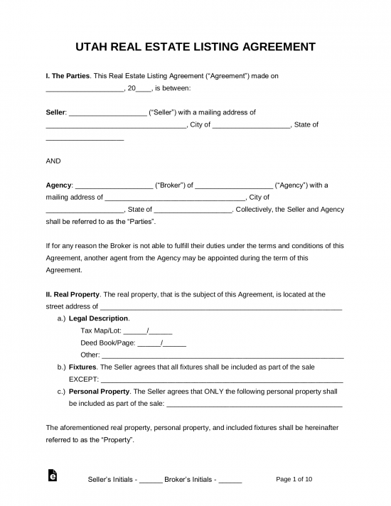 Utah Real Estate Agent Listing Agreement