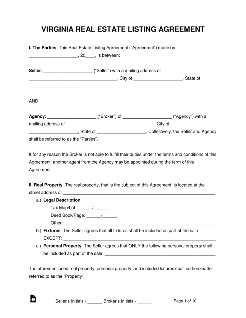 Free Virginia Real Estate Agent Listing Agreement PDF Word eForms