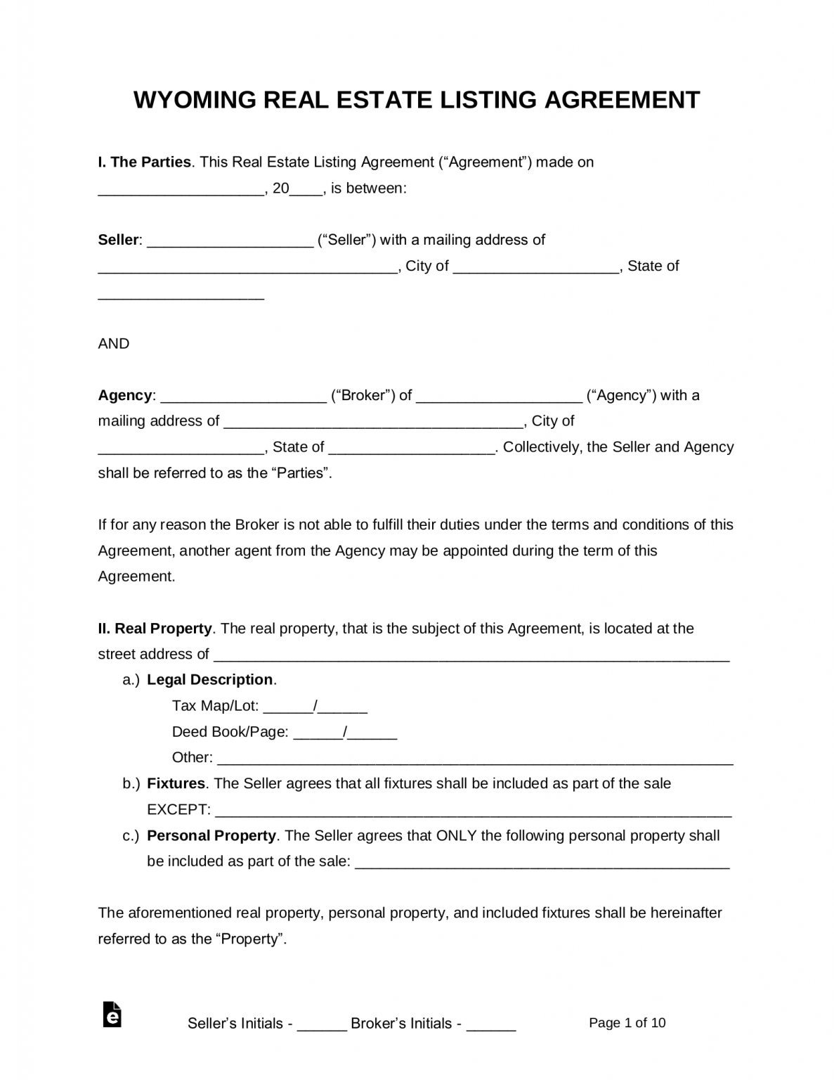 Free Wyoming Real Estate Agent Listing Agreement PDF Word eForms