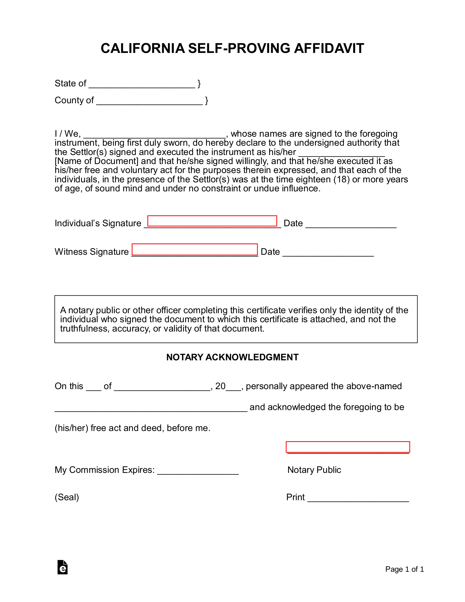 Free California SelfProving Affidavit Form PDF Word eForms