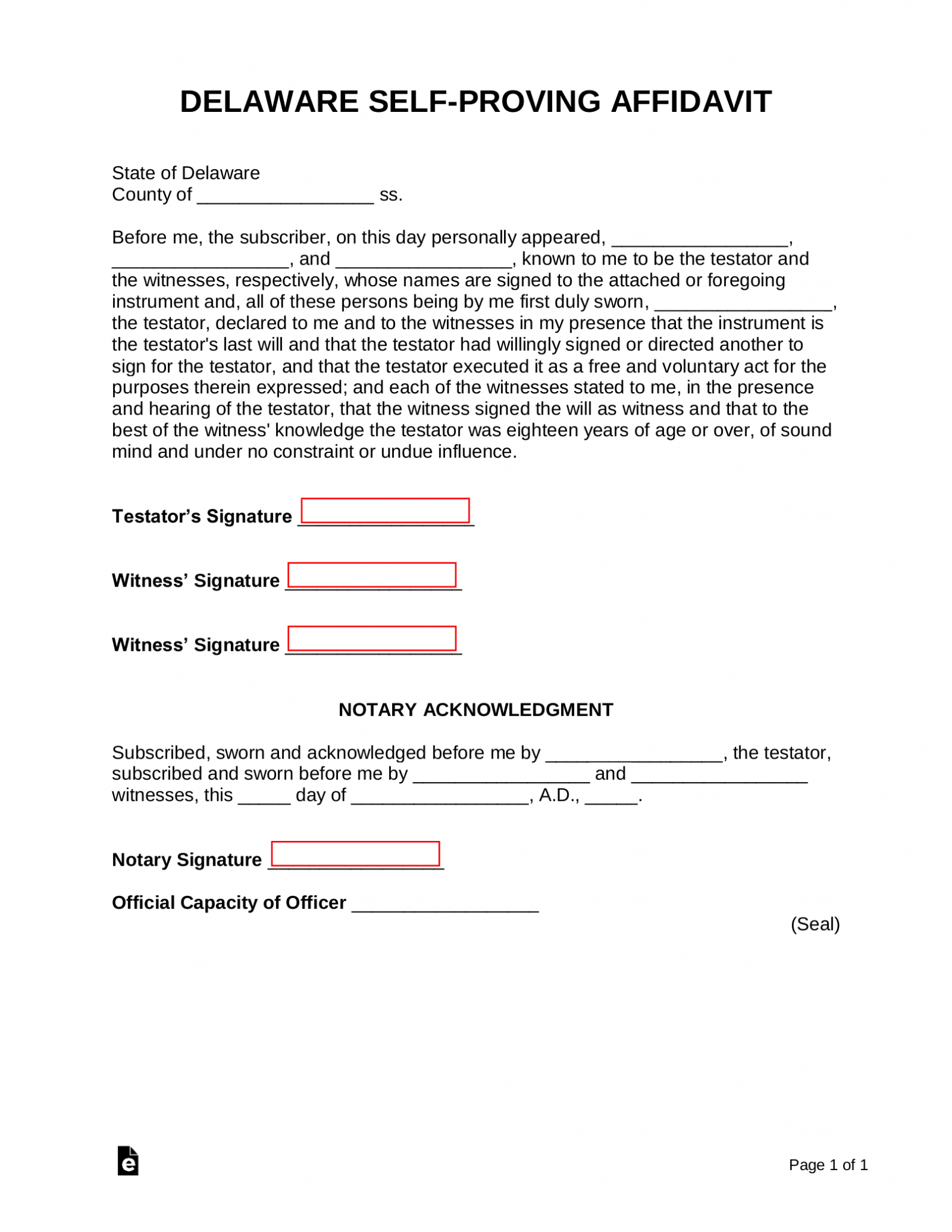 Free Delaware Self Proving Affidavit Form Pdf Word Eforms 7604