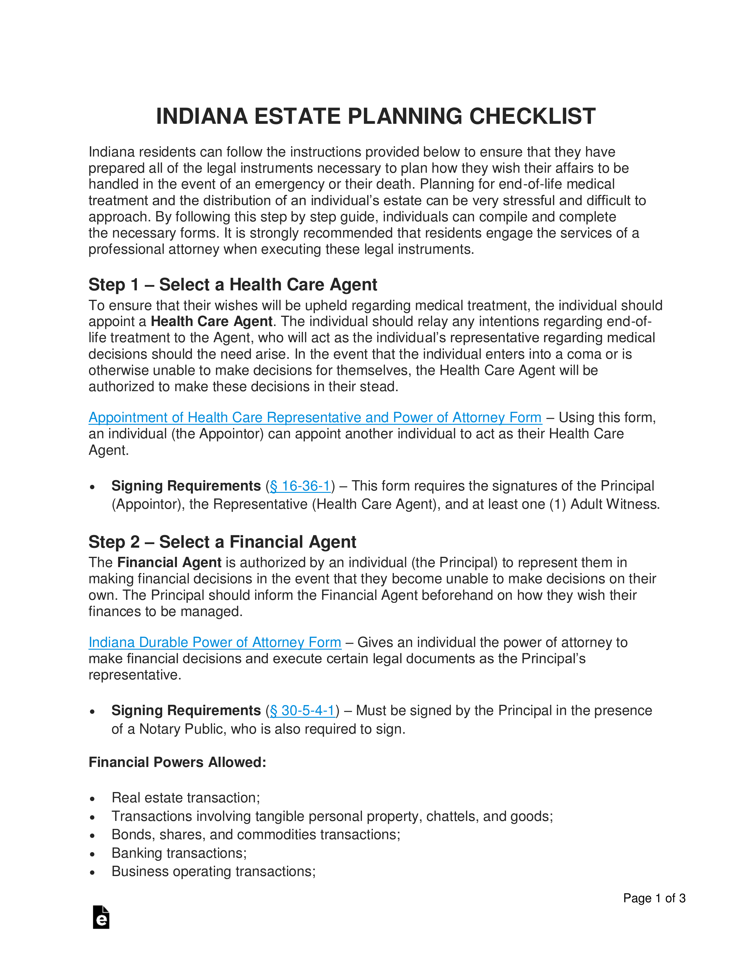 Free Indiana Estate Planning Checklist PDF Word eForms