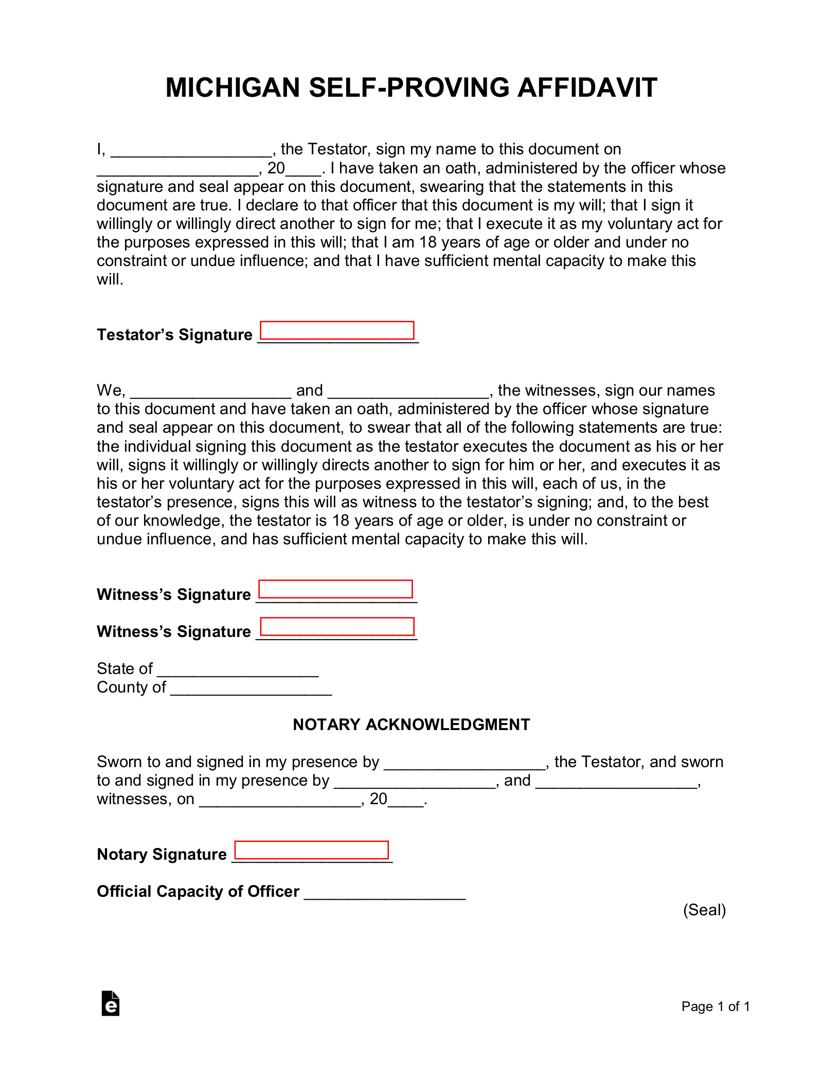 Free Michigan SelfProving Affidavit Form PDF Word eForms