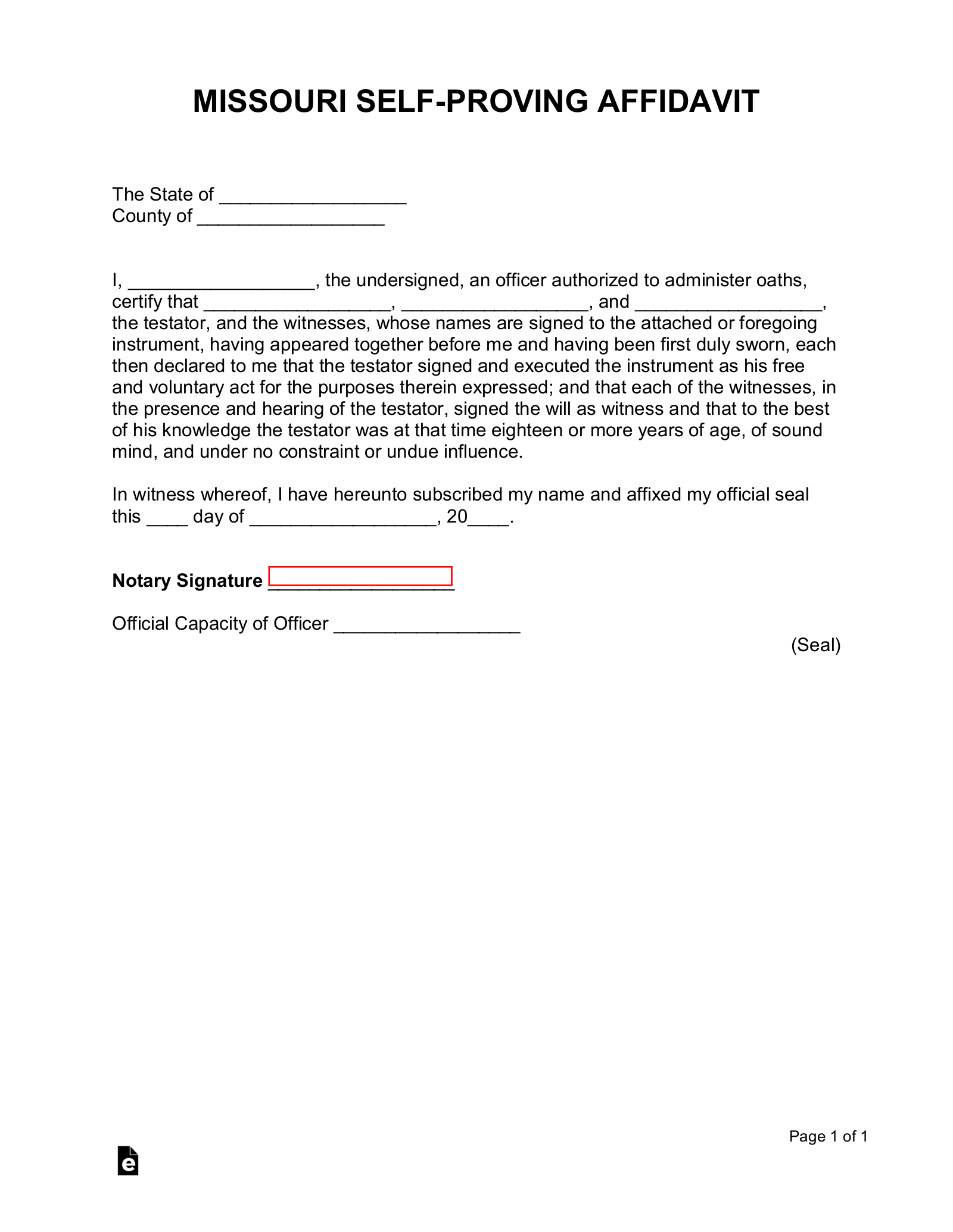 Free Missouri SelfProving Affidavit Form PDF Word eForms