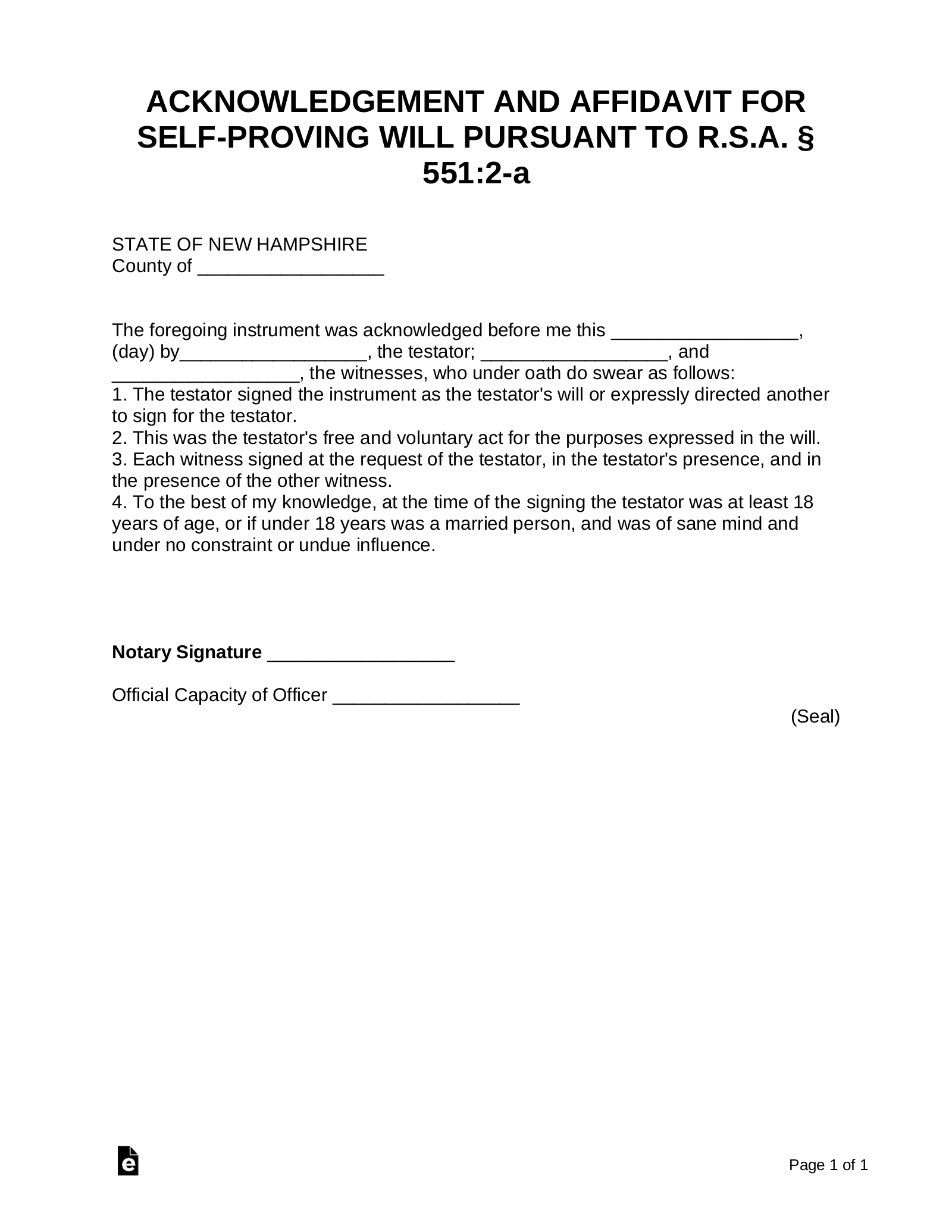 New Hampshire Self-Proving Affidavit Form