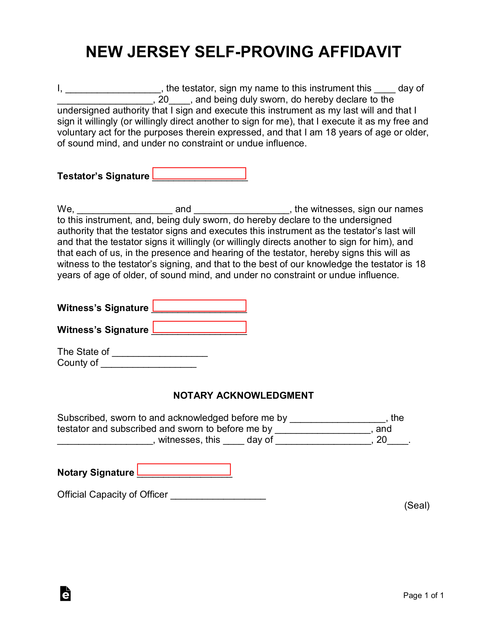 Free New Jersey Self Proving Affidavit Form PDF Word eForms