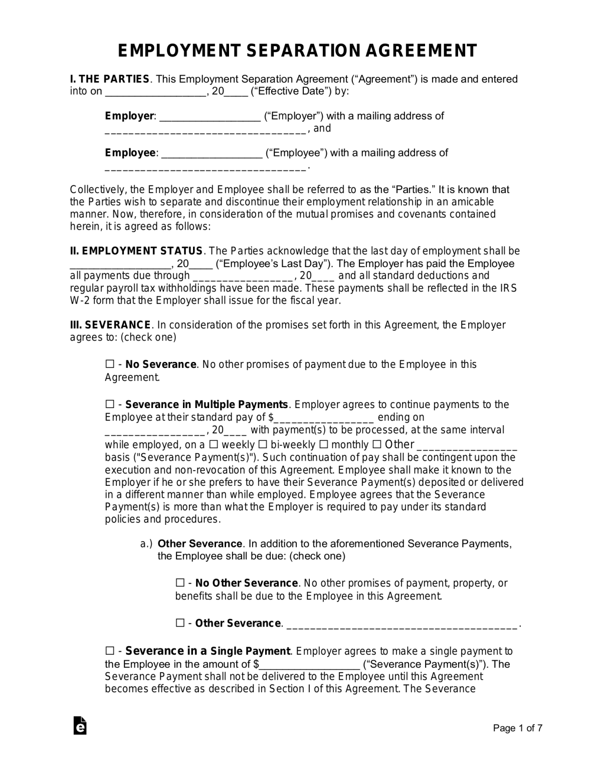 Free Employment Separation Agreement Template - PDF | Word – eForms