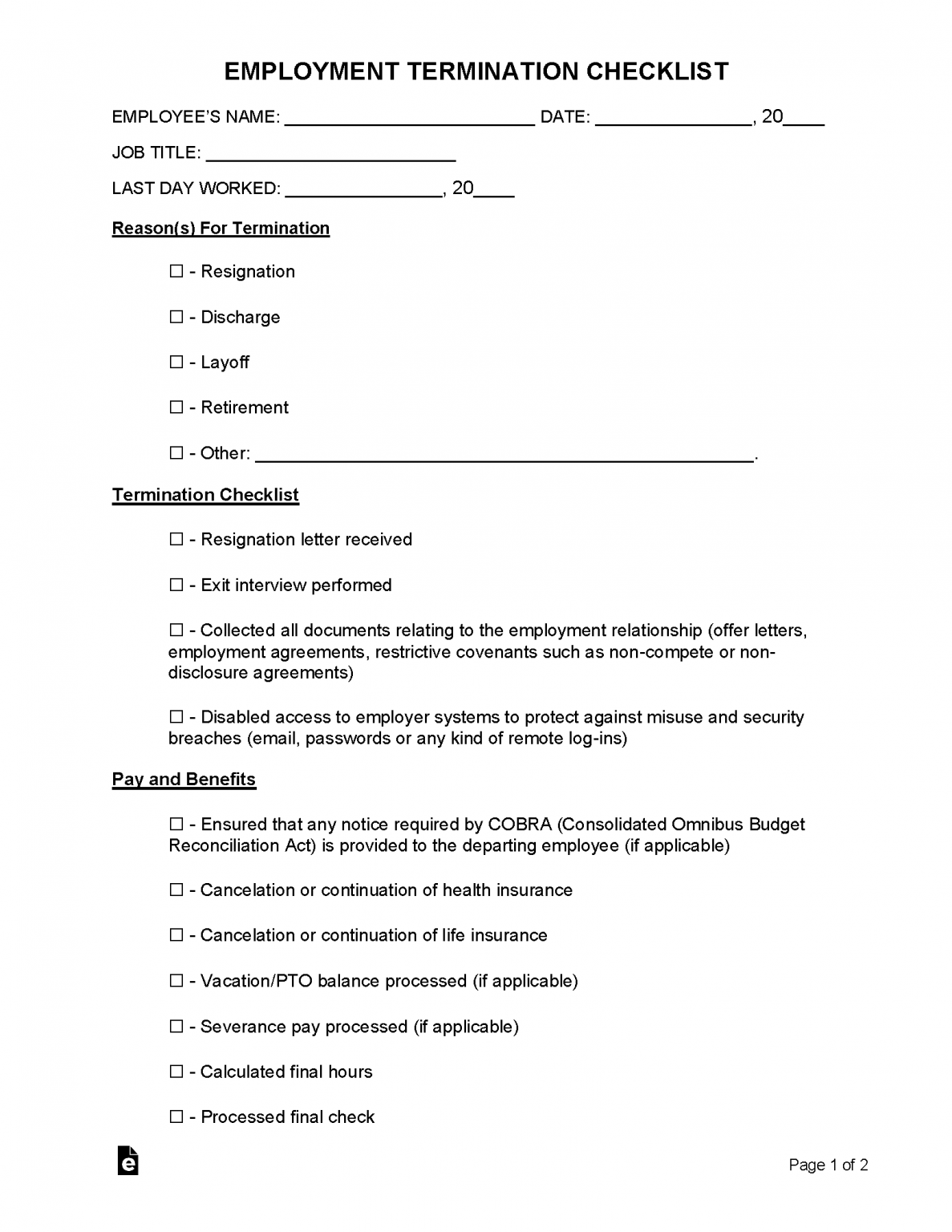 Free Employment Separation Agreement Template - PDF | Word – eForms