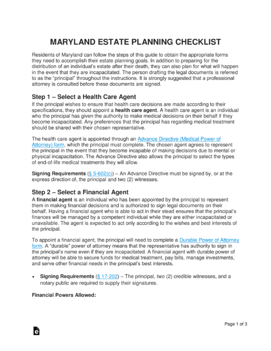 Free Maryland Estate Planning Checklist - PDF | Word – eForms