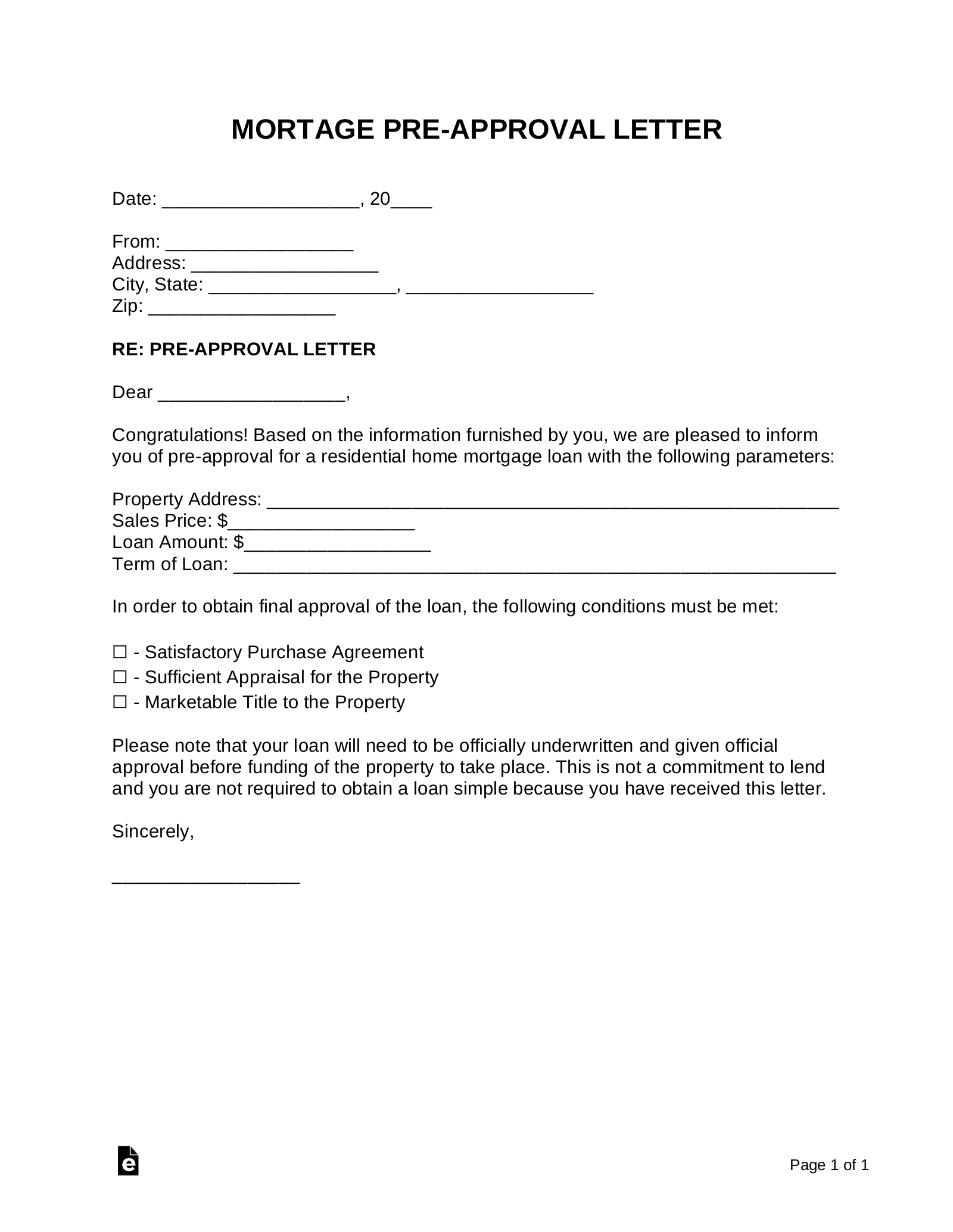 Mortgage Pre Approval Letter Sample Eforms