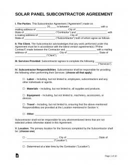 Solar Panel Subcontractor Agreement Template