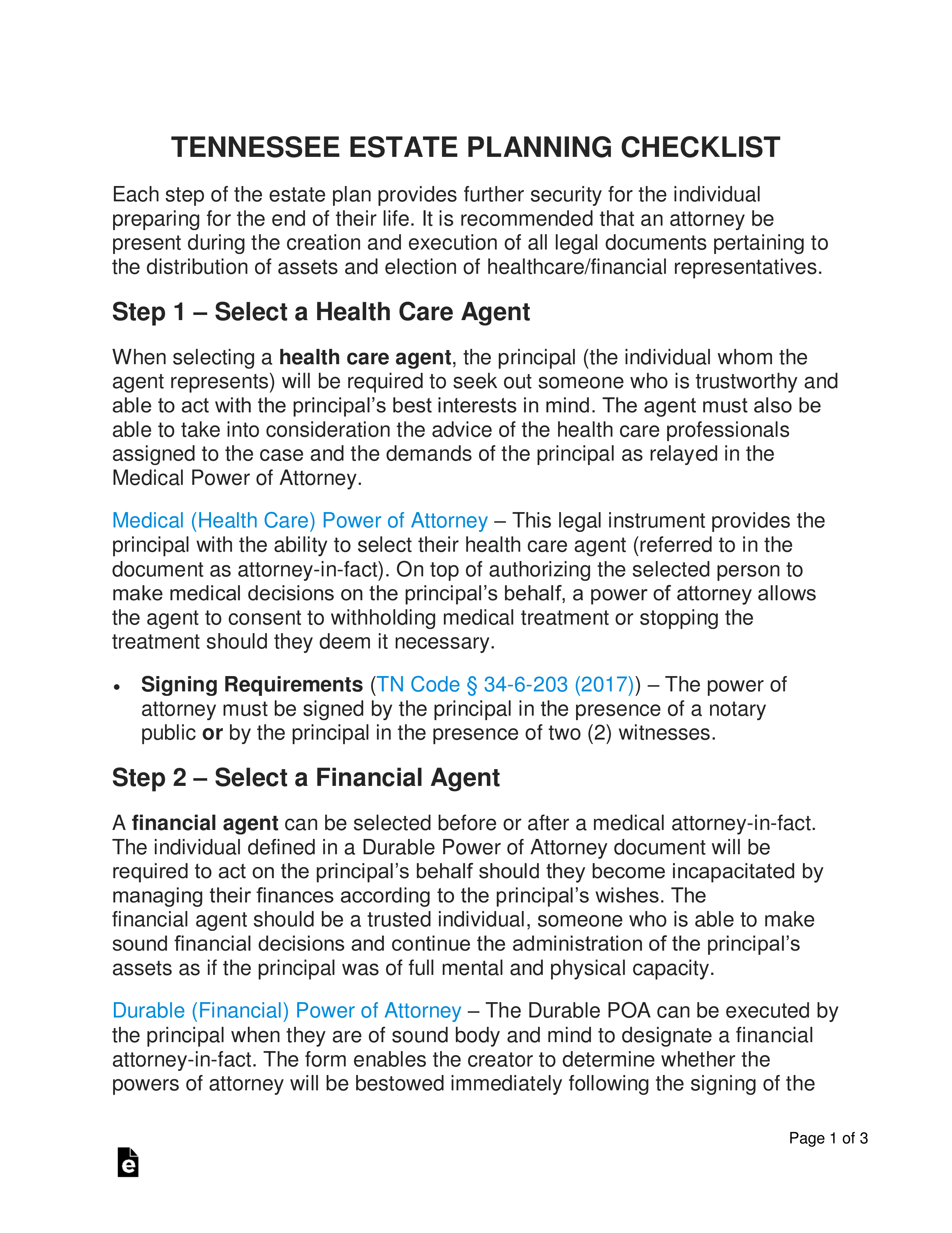 Free Tennessee Estate Planning Checklist PDF Word eForms