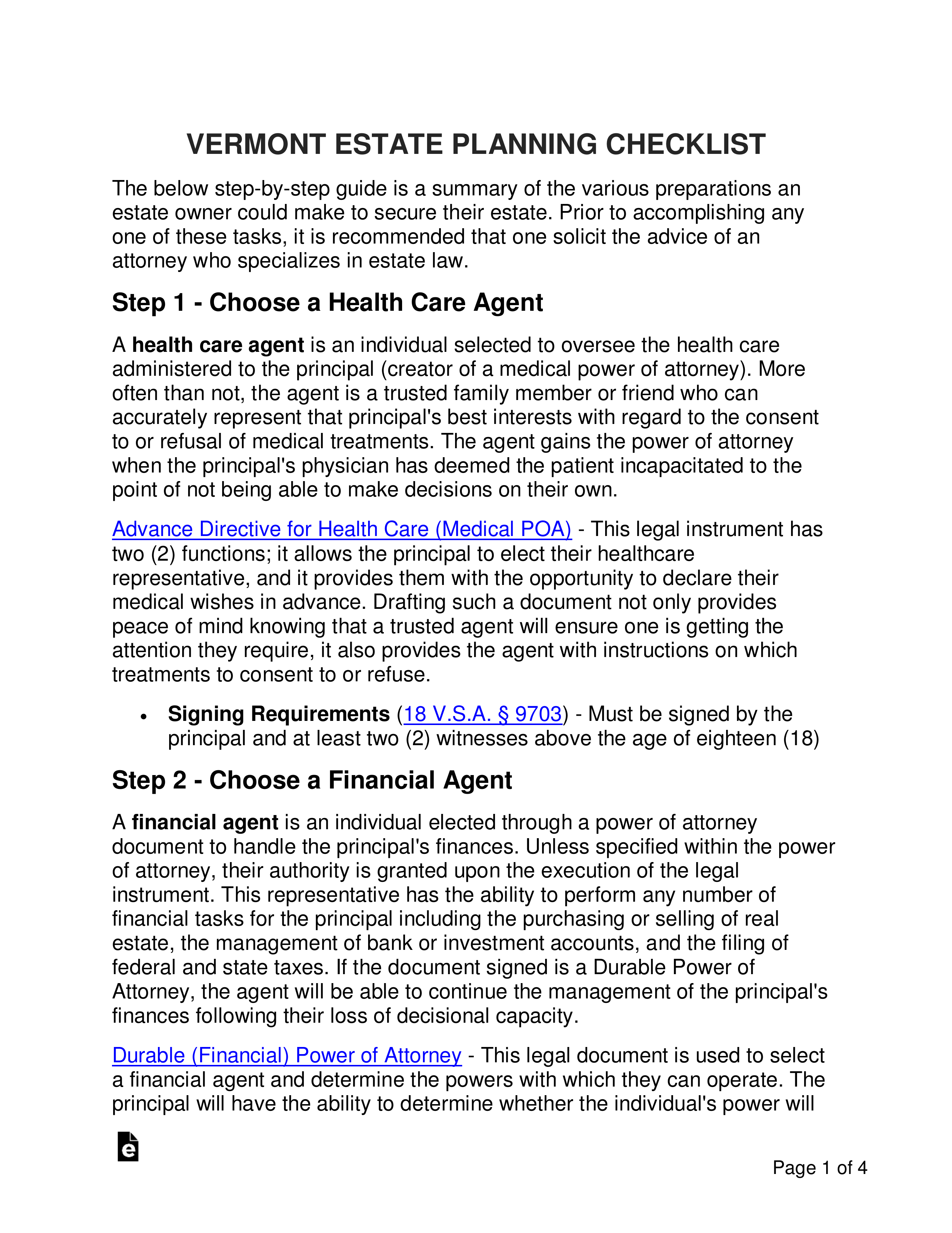 Vermont Estate Planning Checklist