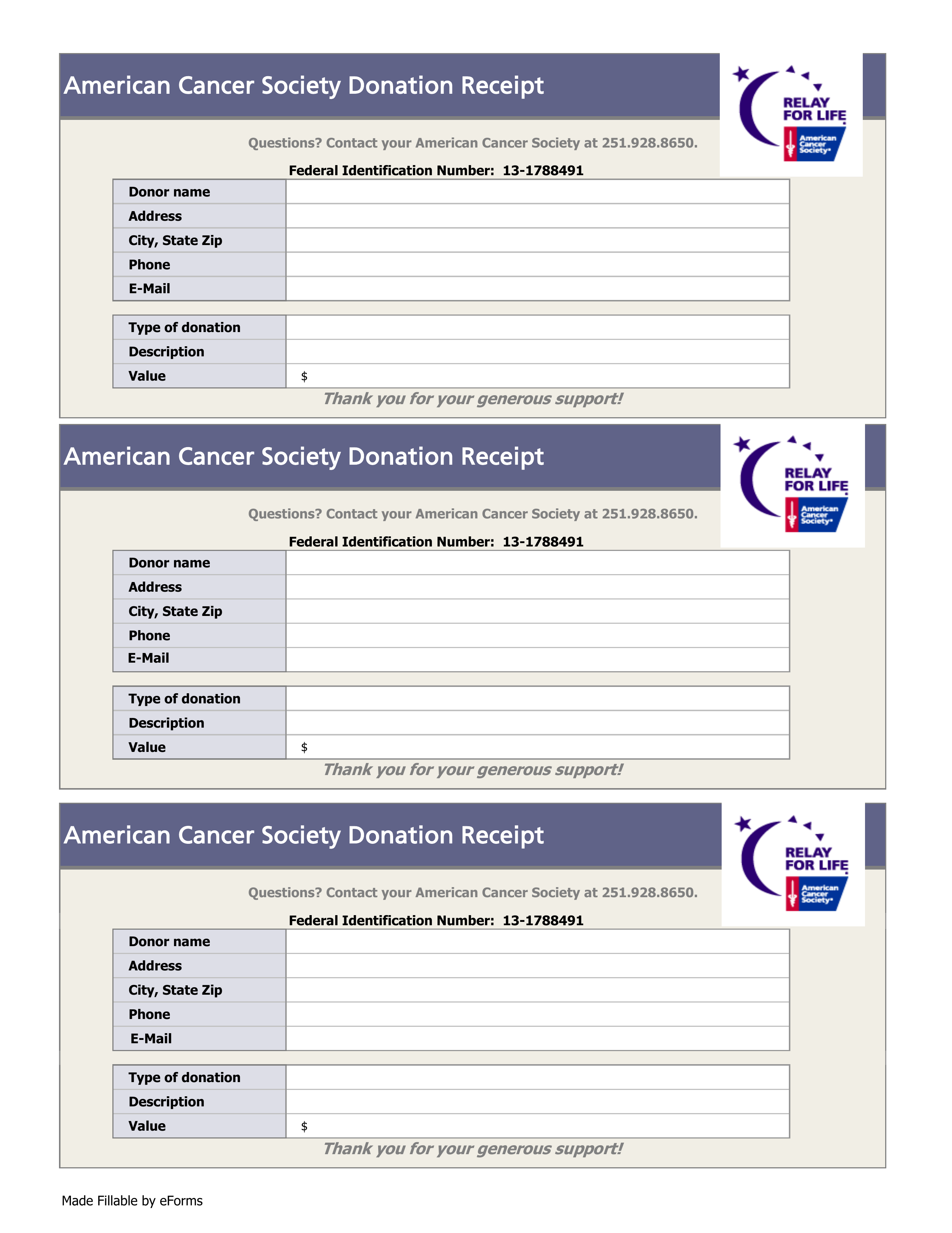 American Cancer Society Donation Receipt Template