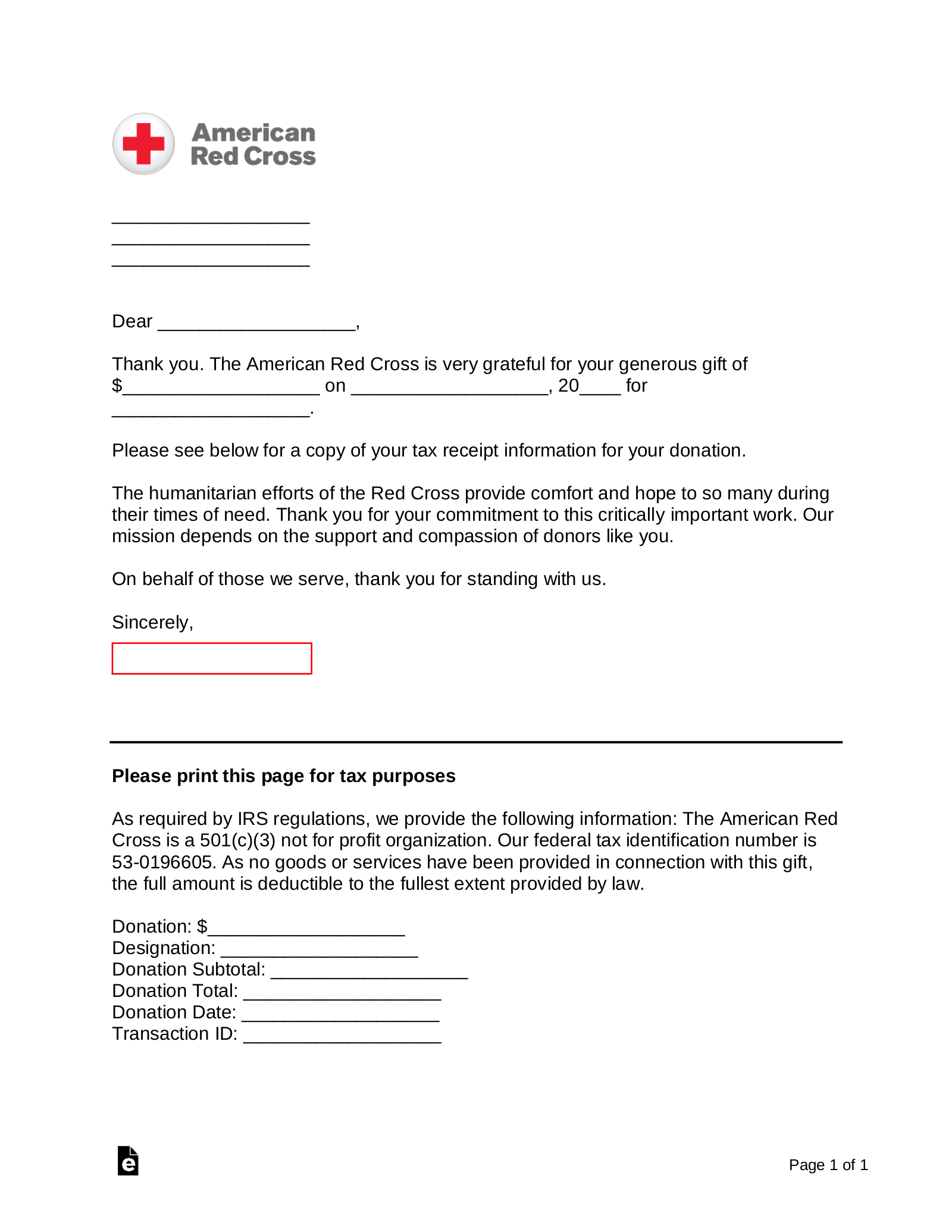 American Red Cross Donation Receipt Template